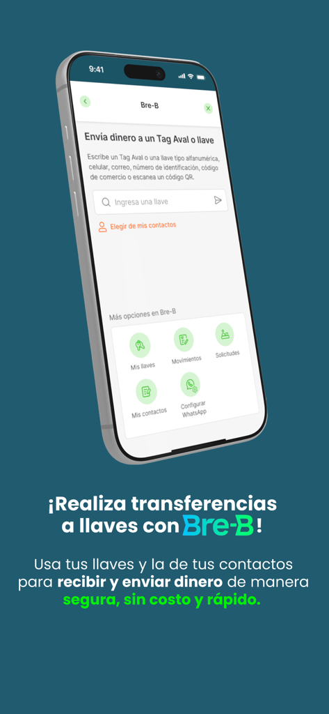 Smartphone mostrando la pantalla Bre-B de la app Banco Popular para transferencias seguras de dinero usando claves y etiquetas
