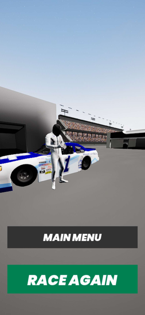 Um piloto em um macacão de corrida branco ao lado de um carro de stock car número um em uma pista de corrida com um botão de correr novamente