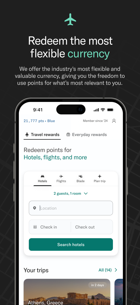 Bilt Rewards app travel redemption interface showing hotel search and trip details
