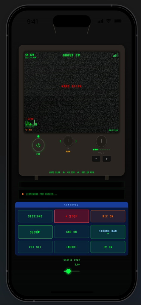 PhantomTV - PhantomTV App-Bildschirm mit einem Retro-TV mit statischem Rauschen und Steuerelementen für paranormale Ermittlungen