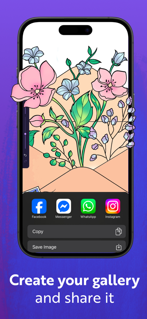 Zenful: Cozy Coloring Books - A smartphone screen displaying a completed floral coloring page in the Zenful app with options to share on social media.