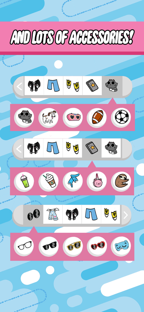 Un menu di accessori personalizzabili per avatar, inclusi animali domestici, abbigliamento e occhiali nell'app Powerpuff Yourself.