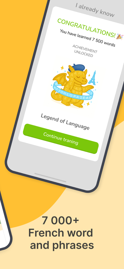 AI French Minute - AI French Minute app achievement screen showing 7500 words learned and a Legend of Language title.