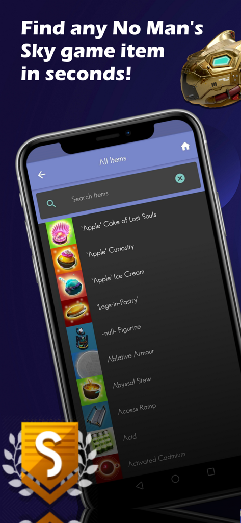 Assistant for No Man's Sky - Smartphone screen showing the item search list within the Assistant for No Man's Sky app
