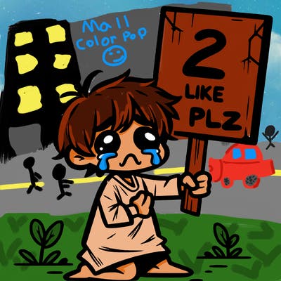small poor toddler crying with sign that says 2 like plz
