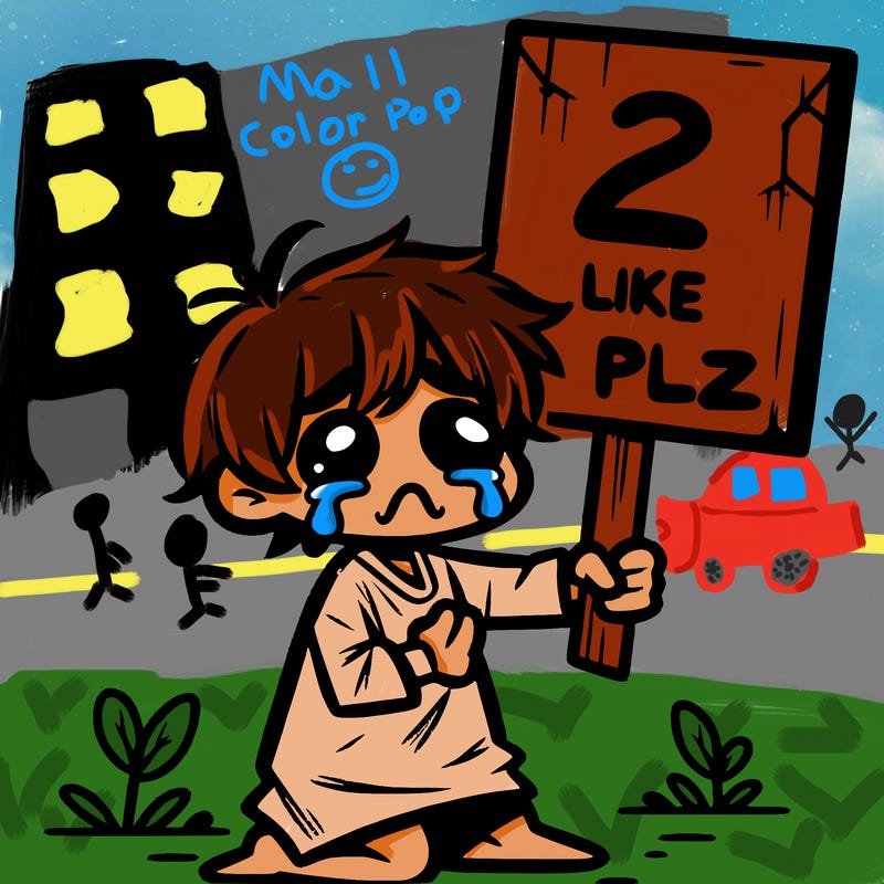 small poor toddler crying with sign that says 2 like plz