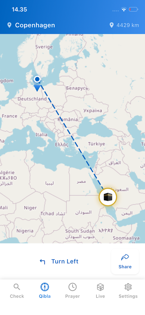 Halal Check حلال - Mobile app screen showing a map with the Qibla direction from Copenhagen to Mecca.