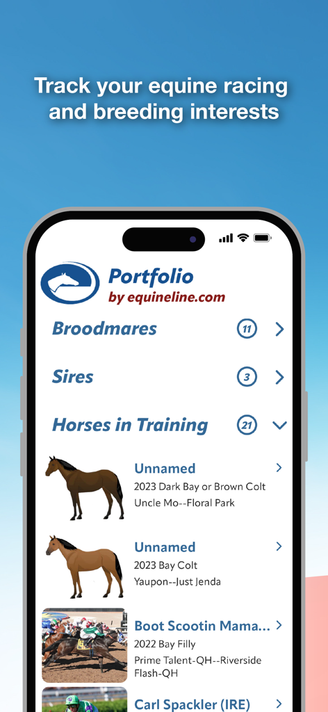 Main screen of Equineline Portfolio app displaying categories for broodmares sires and horses in training with equine photos