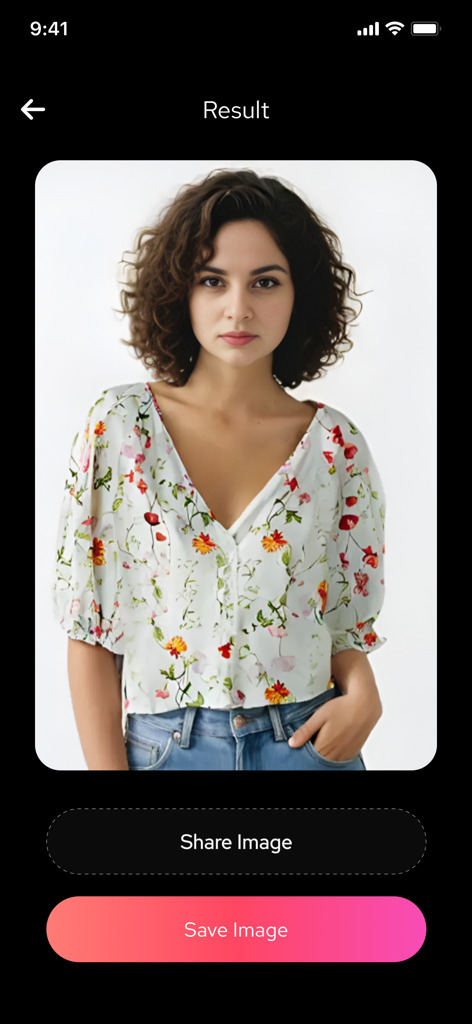 A woman trying on a floral blouse virtually in the AI Clothify app