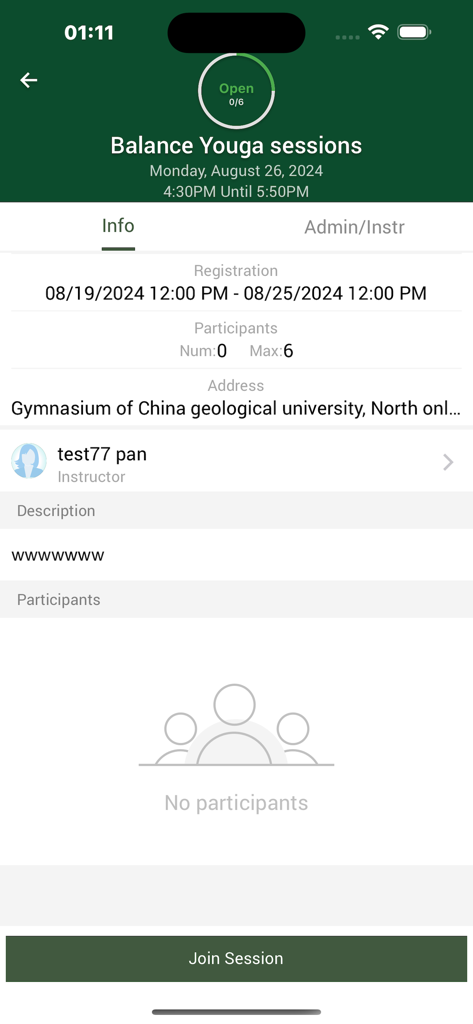 IMLeagues - IMLeagues app interface displaying details for a balance yoga session with a join button