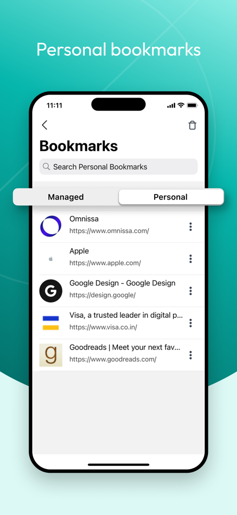 Aplicativo Workspace ONE Web mostrando uma lista de favoritos pessoais em uma tela de celular