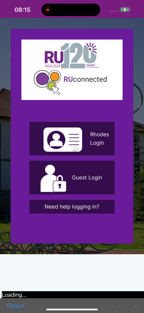 RUconnected - Login screen for Rhodes University RUconnected app with buttons for Rhodes and Guest access