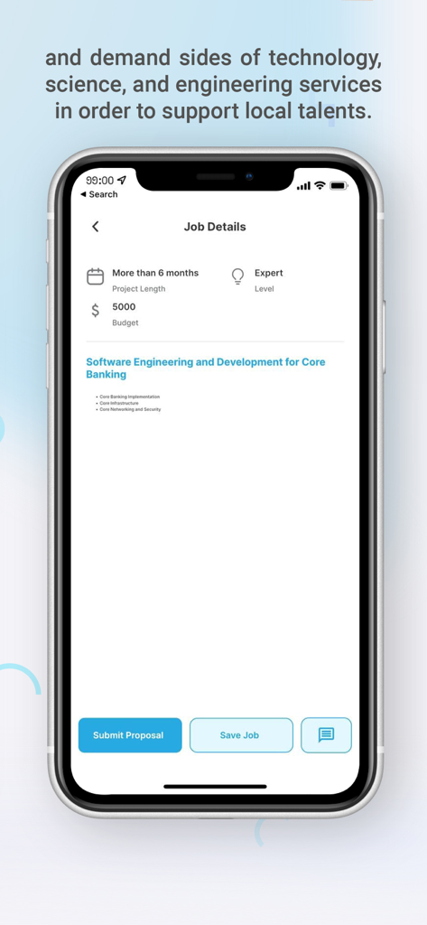 Khmer Tech Market - Mobile app screen showing job details for a software engineering project with budget and expert level requirements