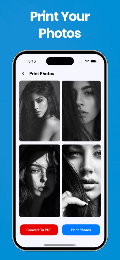 Smart Printer App & Scanner ´ - Interfaz de la App de Impresora Inteligente para imprimir fotos y convertirlas a PDF en un iPhone.