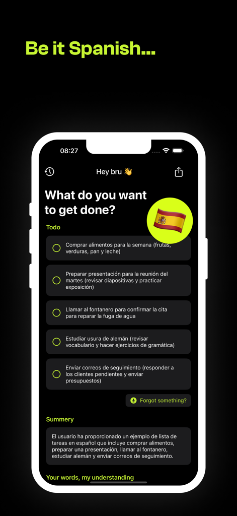 A smartphone screenshot showing the bru app interface with a list of tasks and a summary written in Spanish