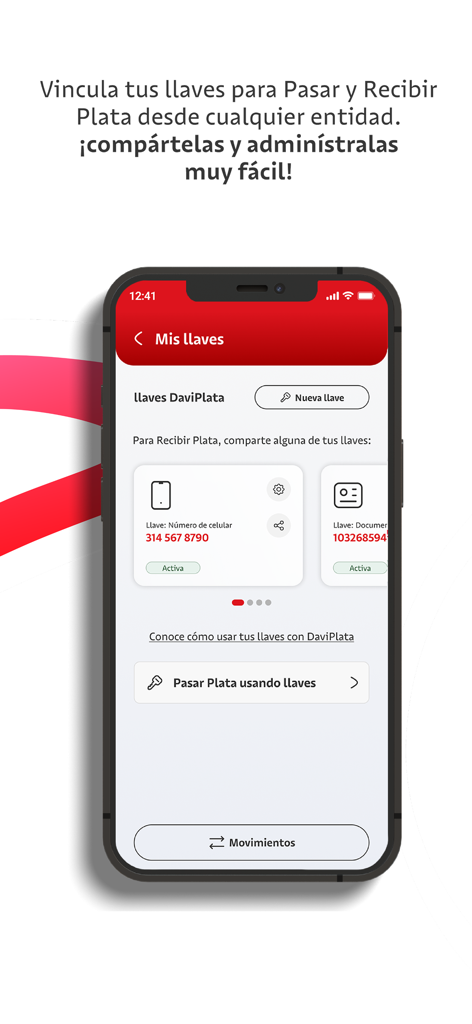 DaviPlata - 돈을 송금하고 받기 위한 이체 키를 관리하는 Mis Llaves 섹션을 보여주는 DaviPlata 모바일 앱 화면