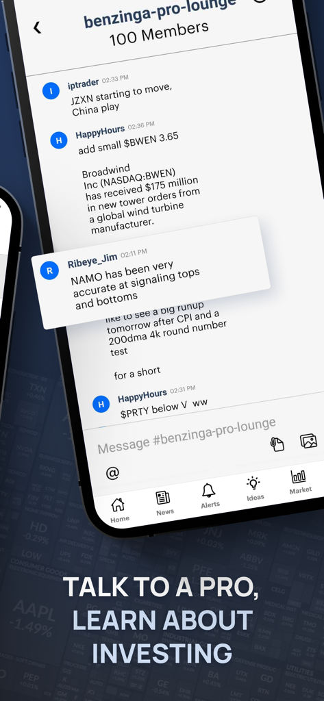 Benzinga Pro Lounge chat screen for active traders to discuss market news and stock tickers