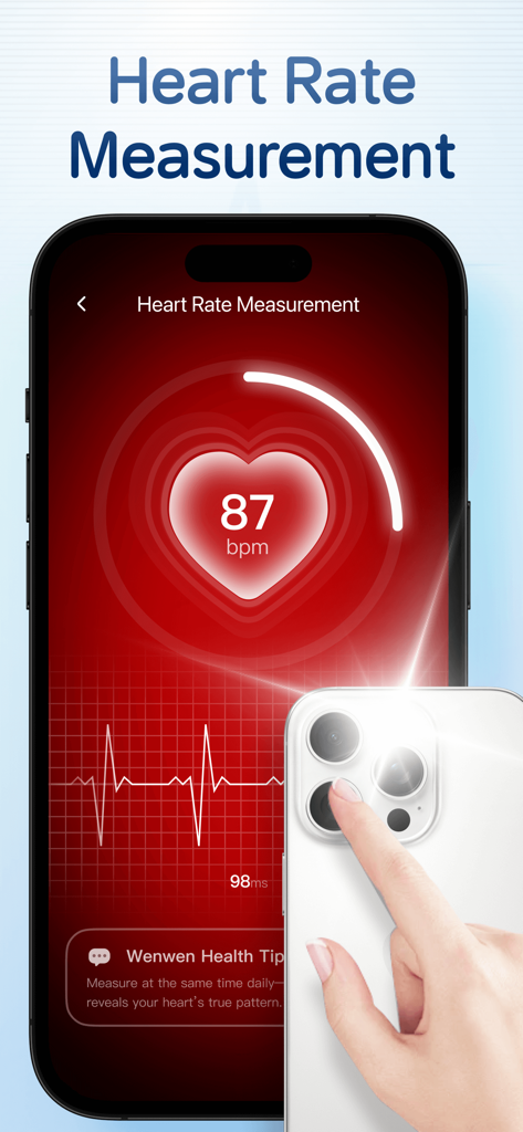 AI Heart Monitor：Heart Rate - Interface of the AI Heart Monitor app showing a heart rate measurement of 87 bpm using a phone camera finger scan