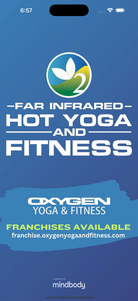 Oxygen Yoga & Fitness - The splash screen of the Oxygen Yoga and Fitness app featuring branding for far infrared hot yoga and fitness services.