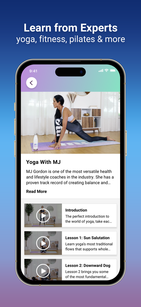 Me: Motivation & Wellness - Smartphone screen showing expert led yoga fitness and pilates lessons in the Me wellness app