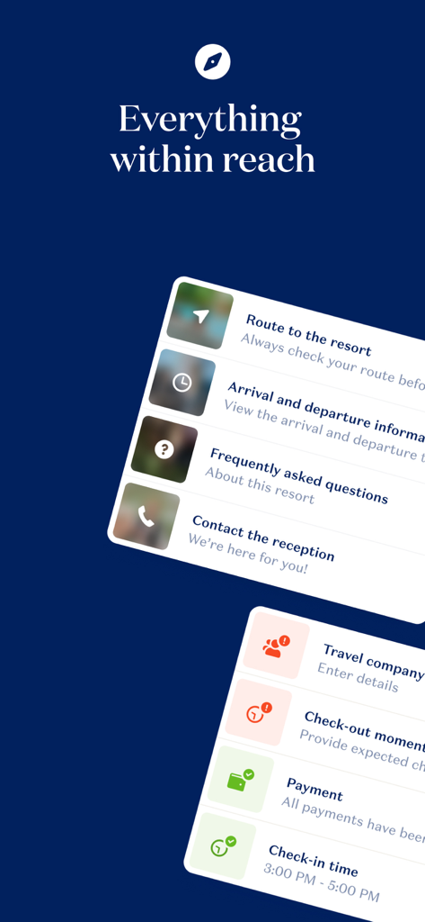 Panel de la app Hof van Saksen que muestra información del resort y detalles del viaje