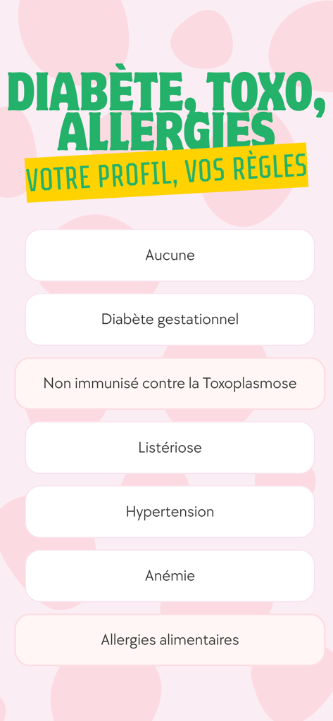 Bien Manger Enceinte - Scanner - A menu screen in the app showing various health profile options for pregnant women such as gestational diabetes and toxoplasmosis