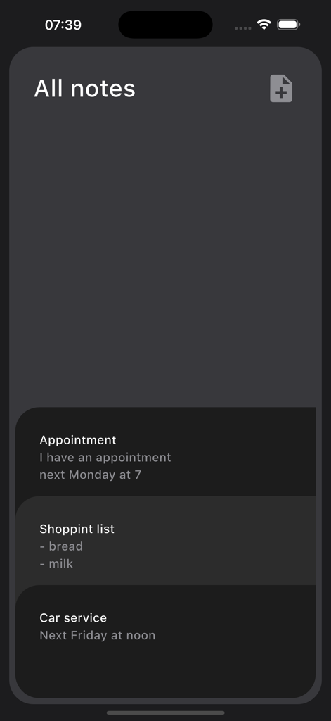 Mnemosyne: Mind's Archive - A minimalist dark mode screen displaying a list of notes including an appointment and a shopping list