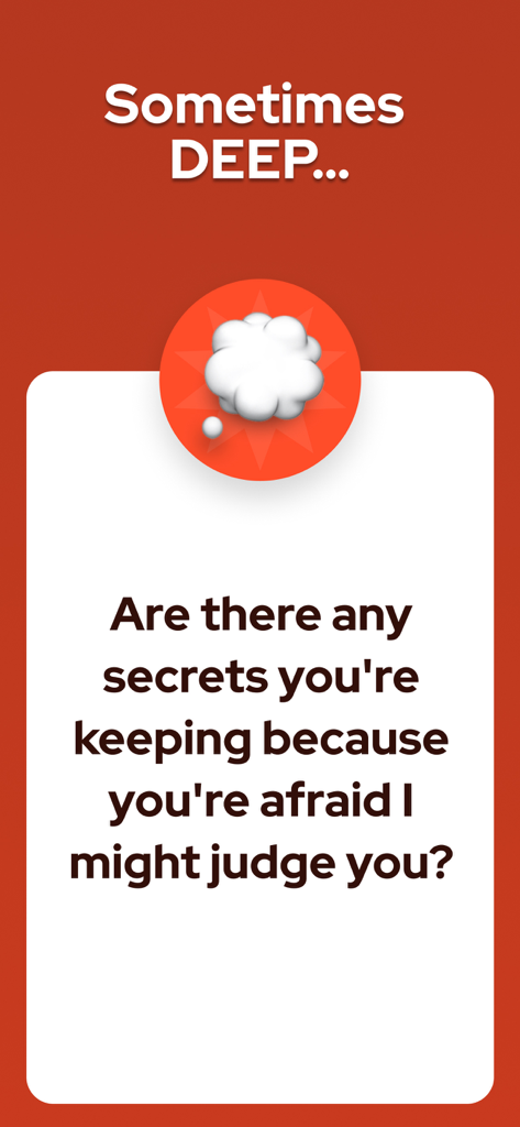 Debatium - Couple Game Convo - Ein tiefgründiger Gesprächsaufforderung aus der Debatium-Paarspiel-App, die nach Geheimnissen und Urteilen fragt