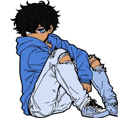 a male hoddie ripped jeans messy hair anime