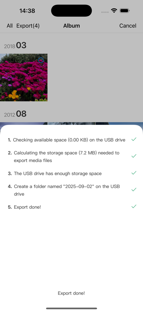 Photo USB Tool - USBドライブへの写真エクスポートが成功したことを示すステップバイステップのチェックリスト