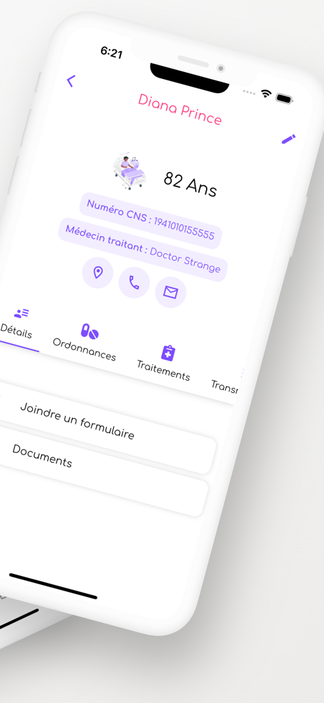 Alfred Care - Alfred Care mobile app displaying a patient profile with medical history and prescription details