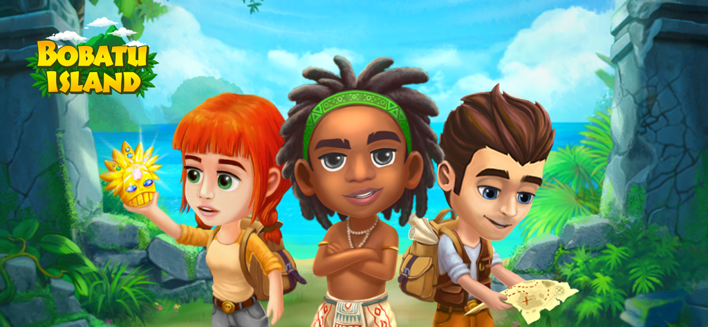 Bobatu Island: Survival Quest - Personajes en Bobatu Island Survival Quest sosteniendo un ídolo antiguo y un mapa del tesoro en una playa tropical con ruinas