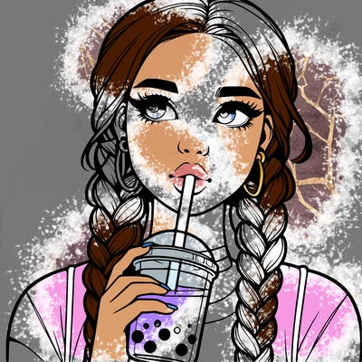 realistic girl with braided hair drinking boba