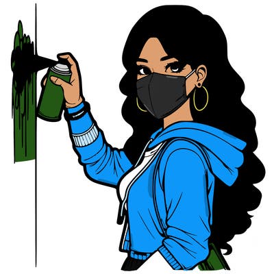 realistic girl with mask spray painting a wall