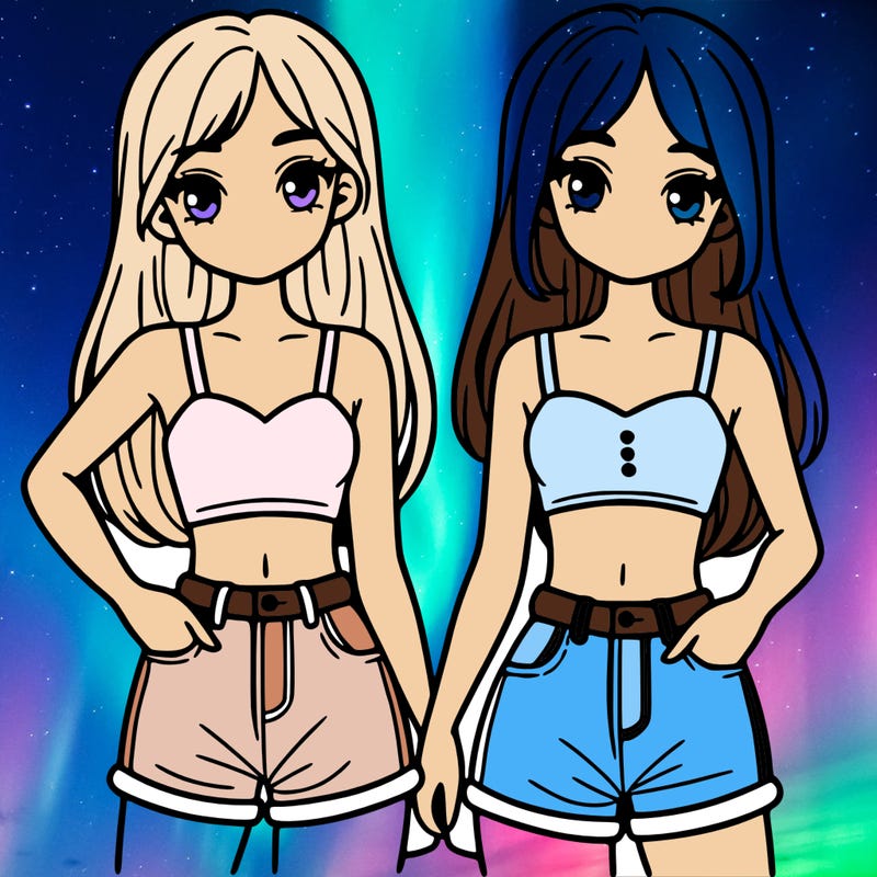 two sisters with crop tops and jean shorts and straight hair