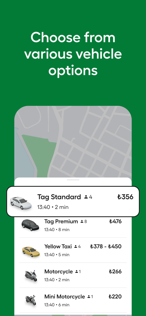 Interface de l'application mobile Marti montrant une liste d'options de véhicules incluant des voitures TAG et des motos avec les prix