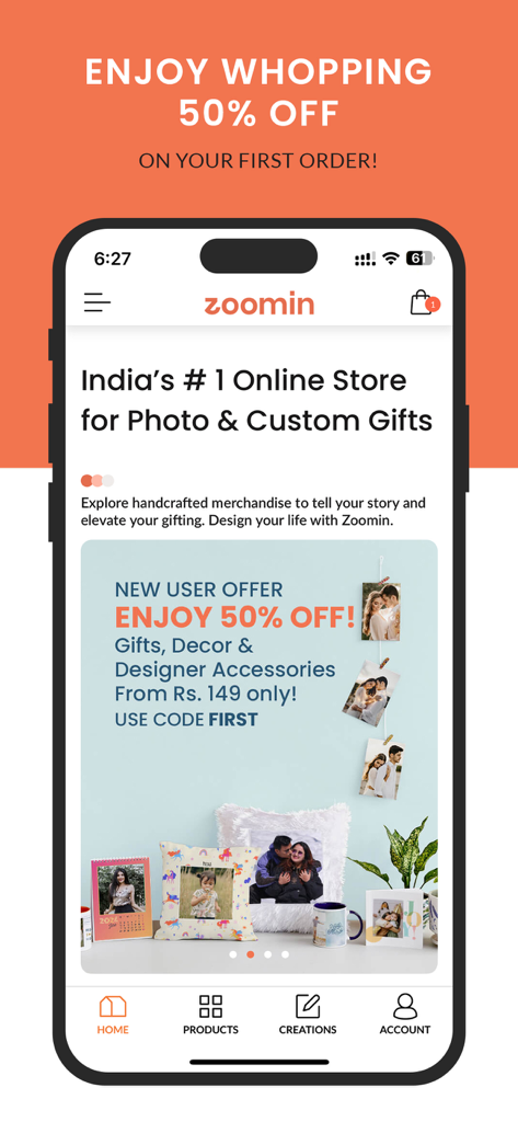 Zoomin: Shop Photobook & Gifts - A mobile phone displaying the Zoomin app home screen with a fifty percent off discount for new users on photo gifts and custom home decor