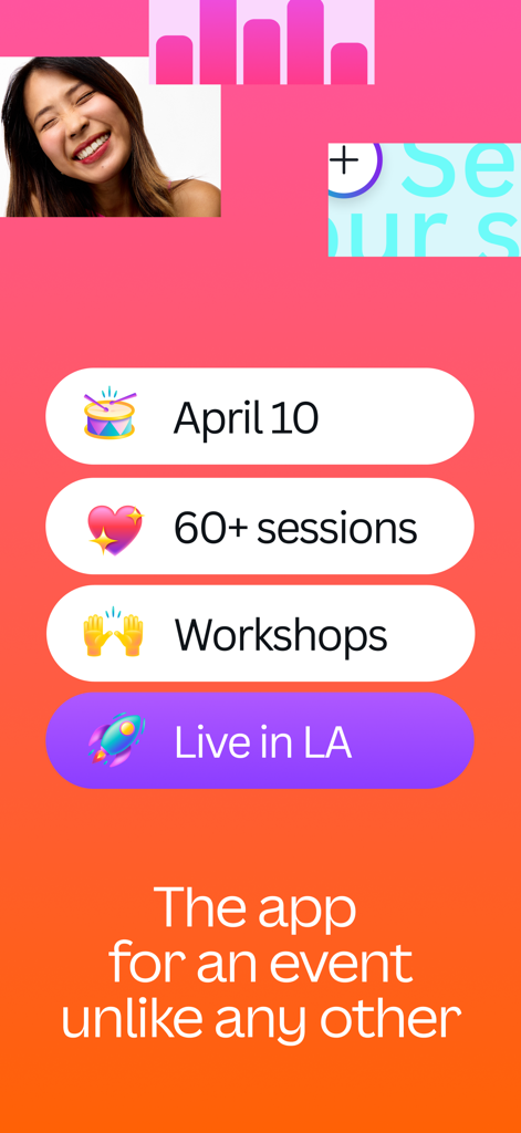 Canva Create 2025 - Pantalla de la aplicación Canva Create 2025 que muestra la fecha del evento 10 de abril, sesiones, talleres y la ubicación de Los Ángeles.