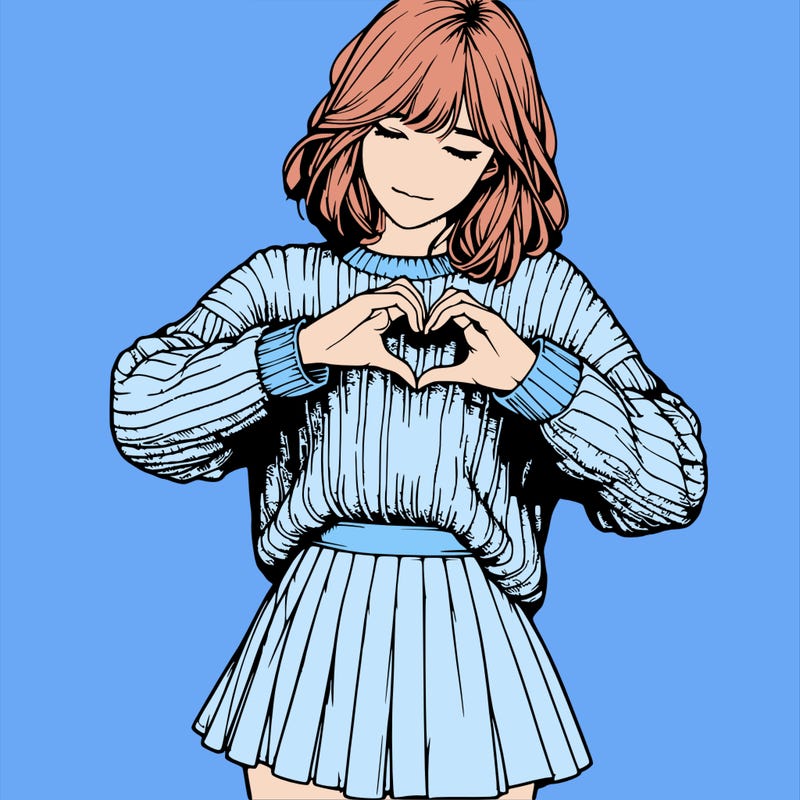 realistic girl in sweater and skirt making a heart with her hands