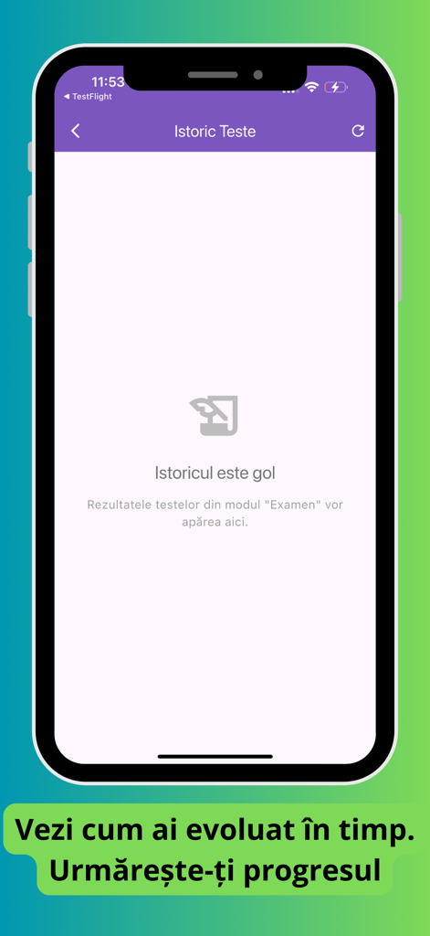 Mobile app screen showing test history and progress tracking for the hunting examination.