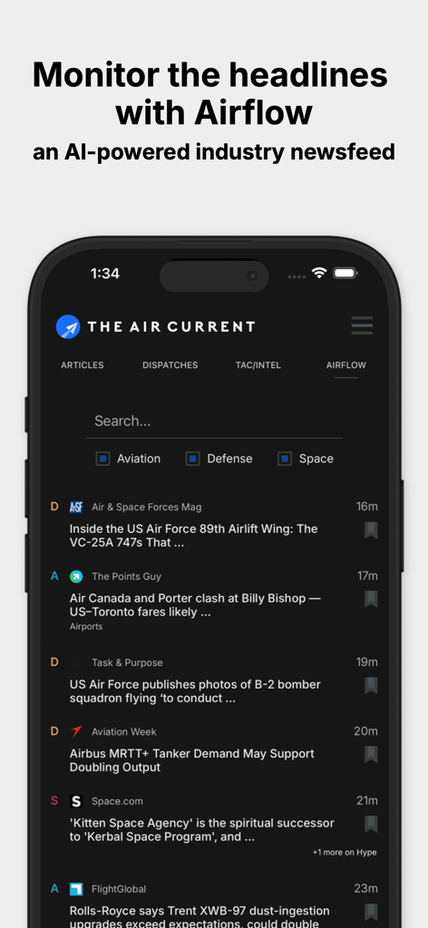 The Air Current - The Air Current mobile app displaying the Airflow AI powered aviation industry newsfeed