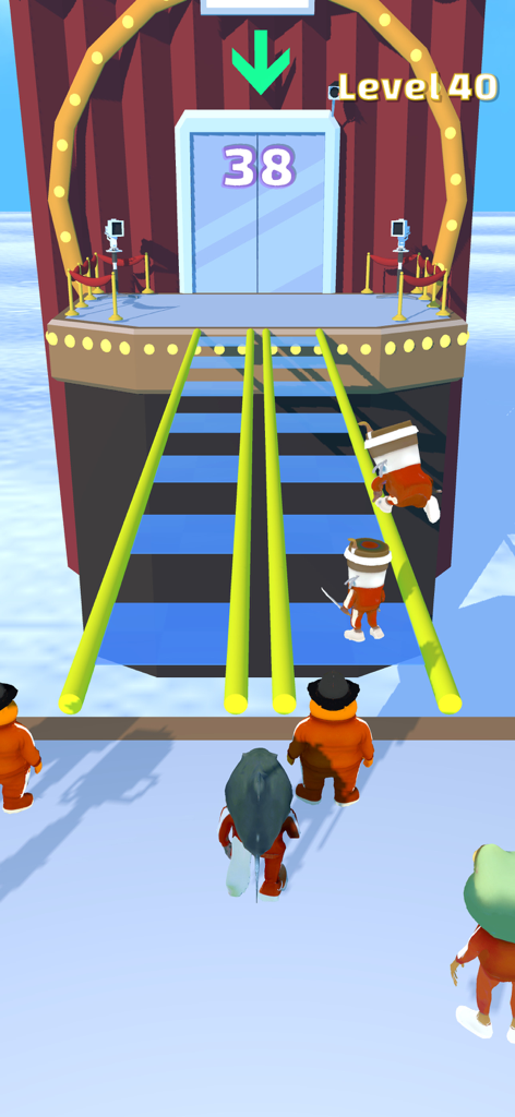 Brainrot 456 Jump Rope - Meme characters in orange tracksuits racing toward an elevator in Brainrot 456 Jump Rope