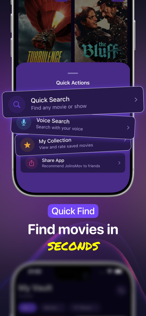 Texsmith - Find Movie Location - Mobile app interface showing quick actions including search and voice search with a purple cyberpunk design.