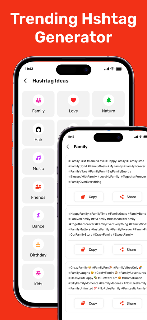 Ytd Video Downloader app screenshot showing the trending hashtag generator interface with social media category options and suggested tags.