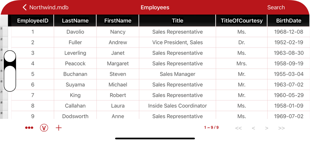 Mobile screen showing employee data table from an MS Access database