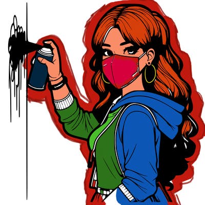 realistic girl with mask spray painting a wall