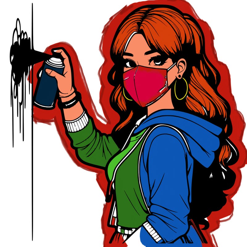 realistic girl with mask spray painting a wall