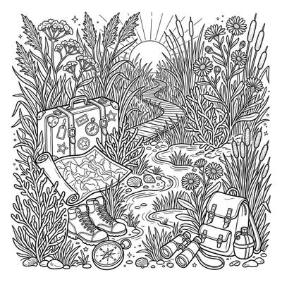 Unfold your creativity with this unique coloring page blending the beauty of saltmarsh flora with exciting vacation elements. Immerse yourself in a detailed scene featuring travel essentials amidst lush natural scenery, ready for your artistic touch.