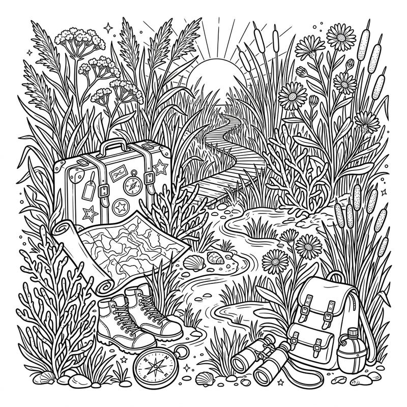 Unfold your creativity with this unique coloring page blending the beauty of saltmarsh flora with exciting vacation elements. Immerse yourself in a detailed scene featuring travel essentials amidst lush natural scenery, ready for your artistic touch.
