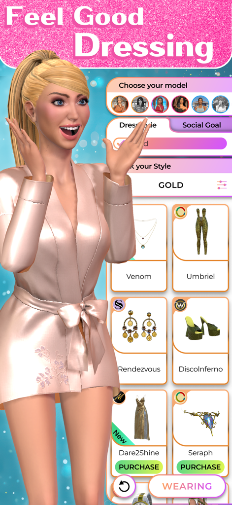 A 3D female model in a pink silk robe next to a catalog of gold clothing and accessories in the Fashion AR app